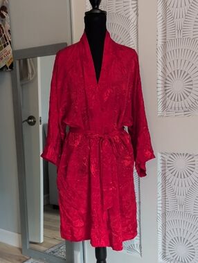 Vintage 80's Red Satin Floral Jacquard Kimono Robe